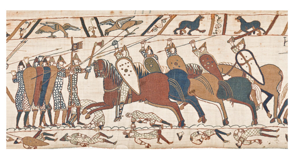  Infantry and cavalry in combat, Bayeux Tapestry, Scene 52. Embroidered wool on linen, c. 1070–1080.
