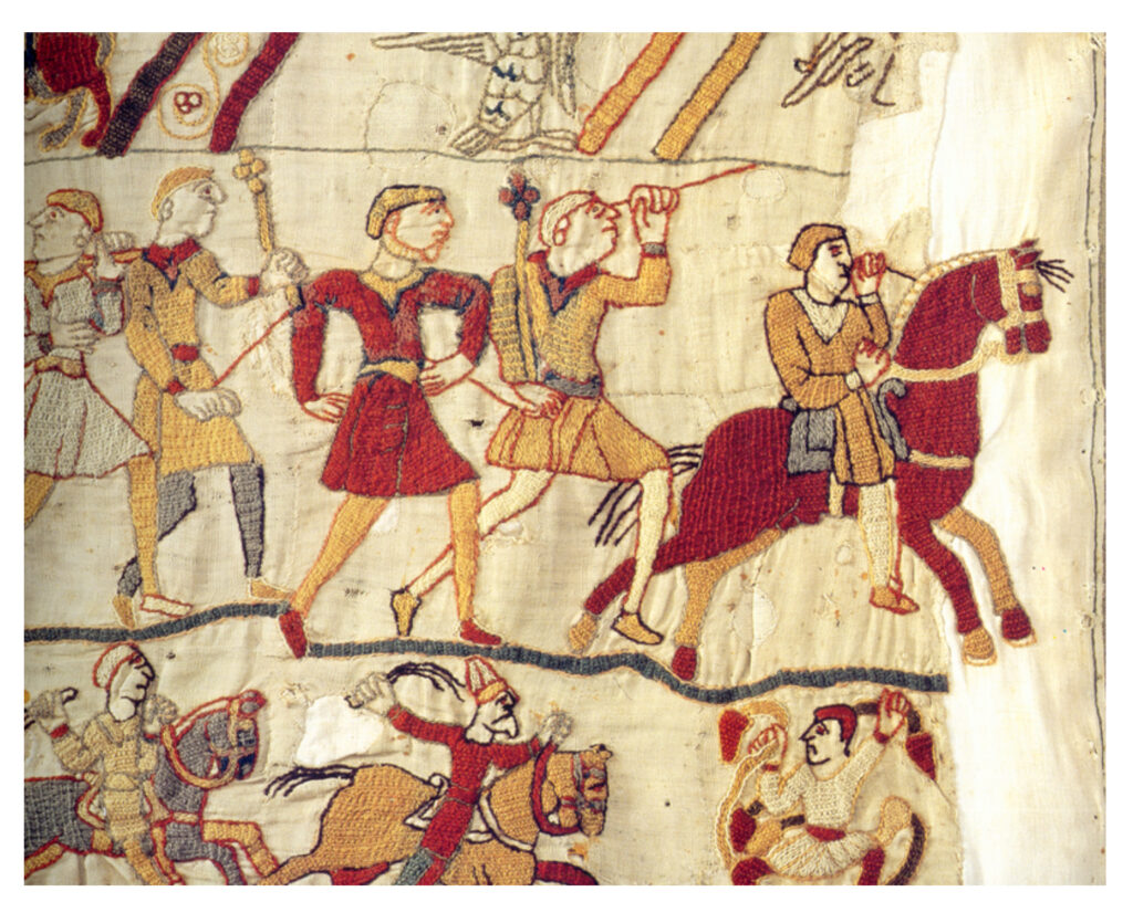 Fleeing figures during the battle, Bayeux Tapestry. Embroidered wool on linen, c. 1070–1080.