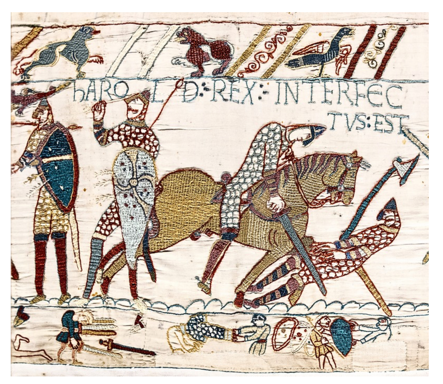 Death of King Harold, Bayeux Tapestry, Scene 57 (detail). Embroidered wool on linen, c. 1070–1080.