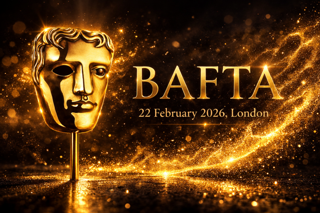 BAFTA 2026 ceremony gold mask at Royal Festival Hall London
