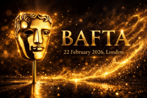 BAFTA 2026 ceremony gold mask at Royal Festival Hall London