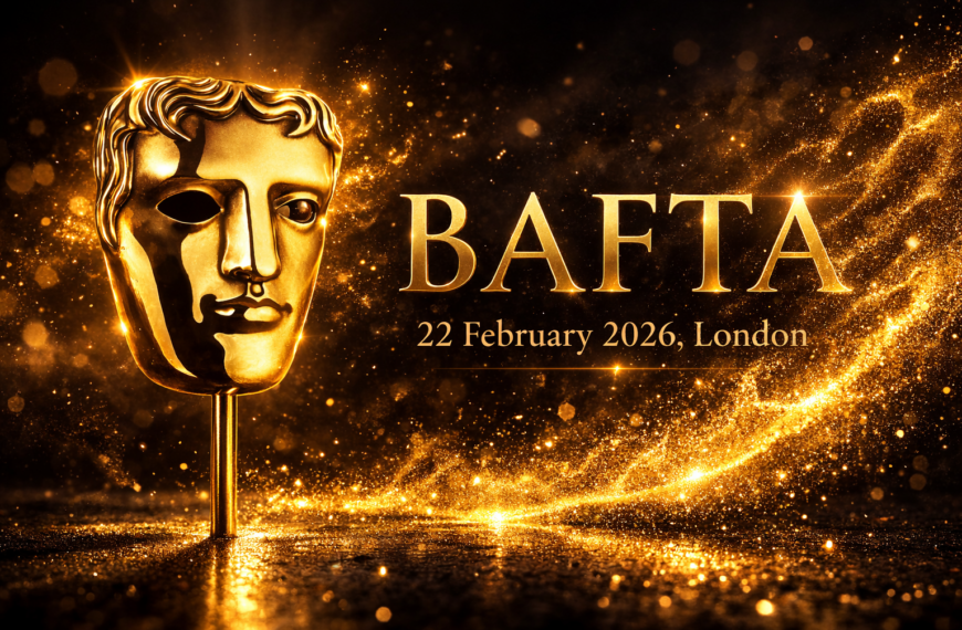 BAFTA 2026 ceremony gold mask at Royal Festival Hall London