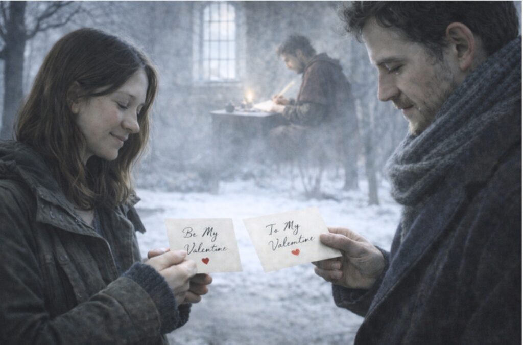 Medieval couple exchanging handwritten Valentine notes with a poet composing in the background