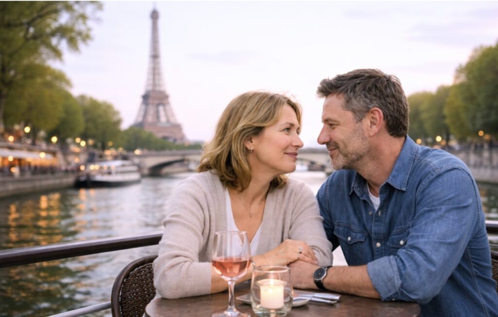 Romantic couple having coffee in Paris with the Eiffel Tower in the background on Valentine’s Day